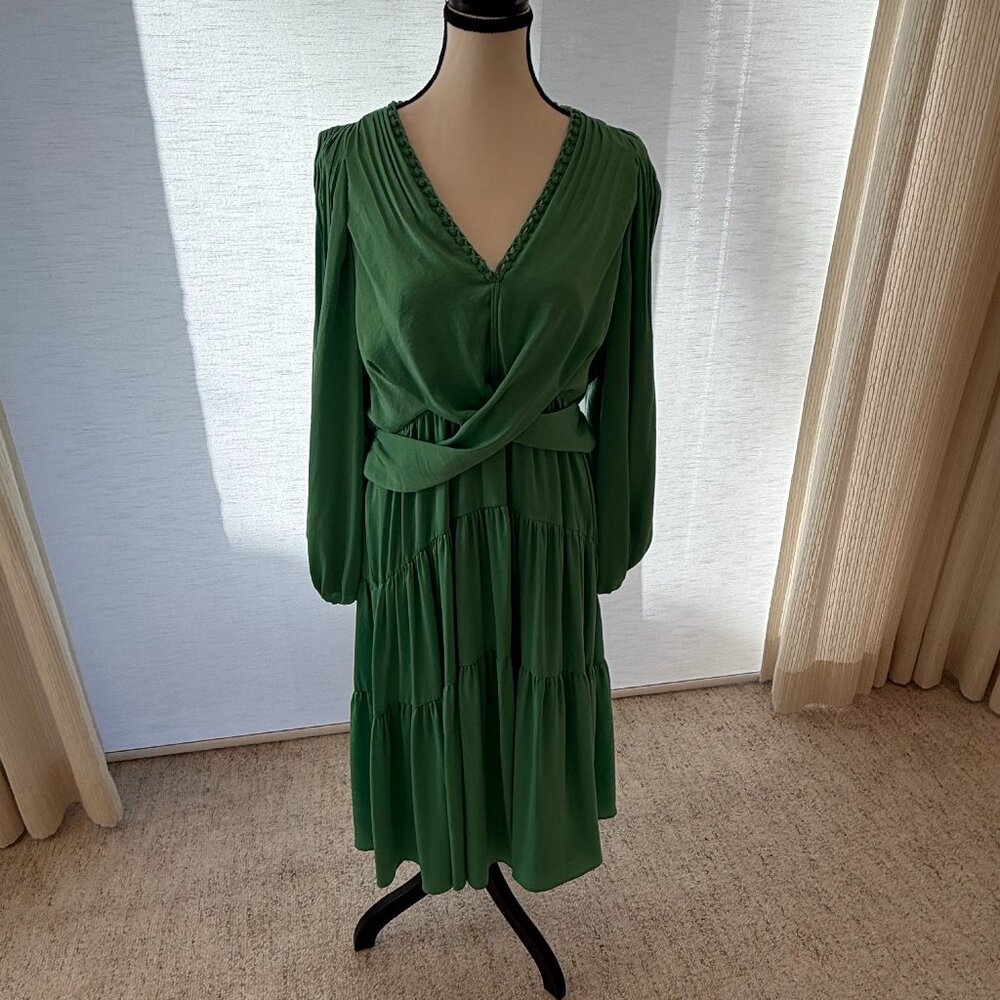 Kobi Halperin Green Silk Blend Tiered Long Sleeve Wrap Dress Size L